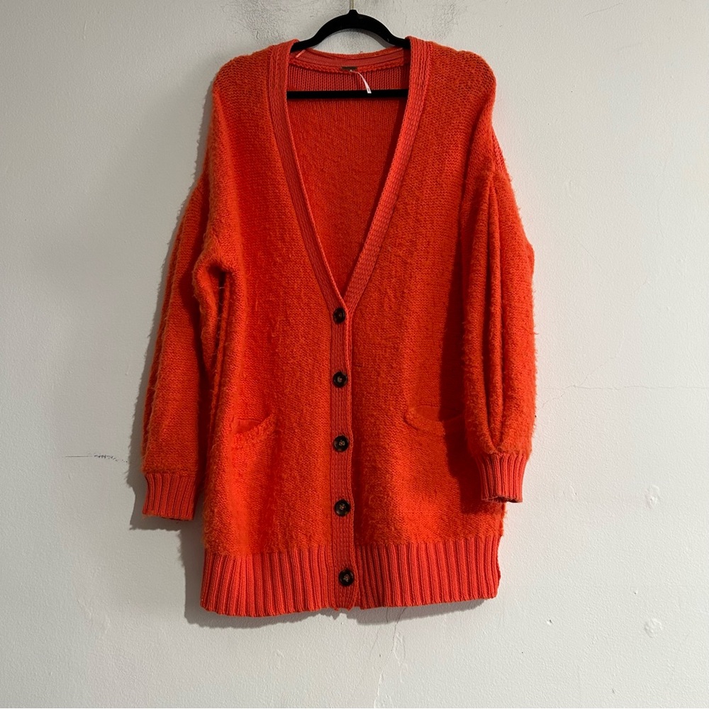 Free People Snow Drop Cardigan in Saturn Orange Oversized Fuzzy Cozy Slouchy XS